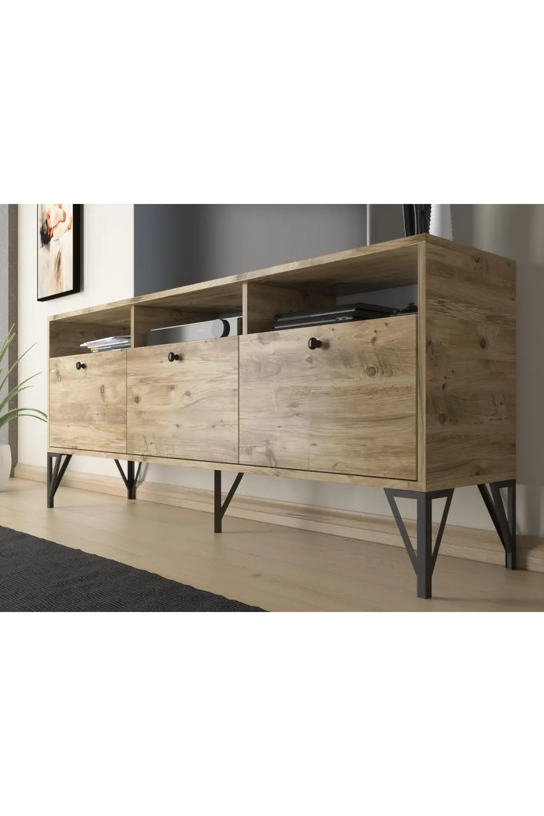 Rhea 160 Cm Dolaplı, Minifiks Bağlantı, Geniş Tv Ünitesi - Konsol - Atlantik Çam / Siyah